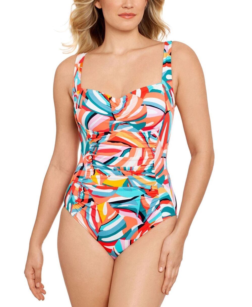 Swim Solutions PALM ART Shirred Tummy-Control One-Piece Swimsuit Size 10 Pink